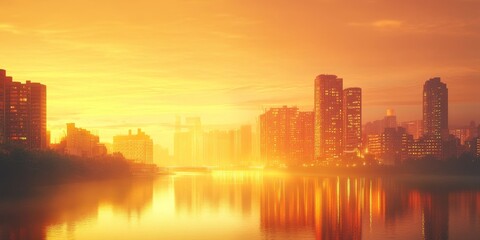 Fototapeta premium A serene urban landscape during golden hour, where the city is illuminated by the rich, golden light of the setting sun