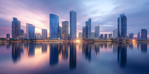 A cityscape of urban developments reflected in the waters of a river, where the sleek, modern buildings meet the calm surface