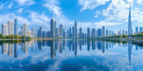 Fototapeta premium The vibrant reflection of urban developments in the tranquil waters of a lake, where the city's new skyline is perfectly mirrored