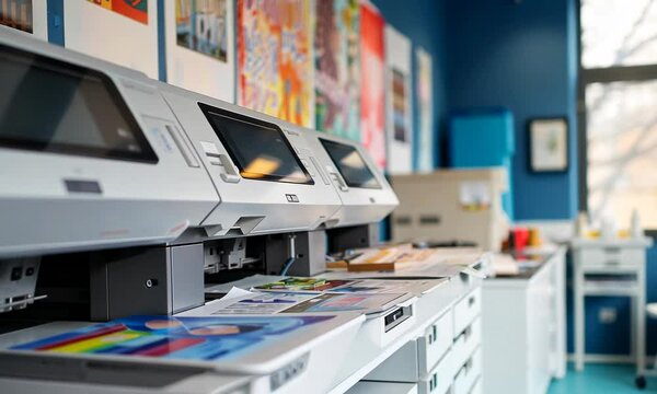 Professional printing machines in print shop with posters and colorful prints
