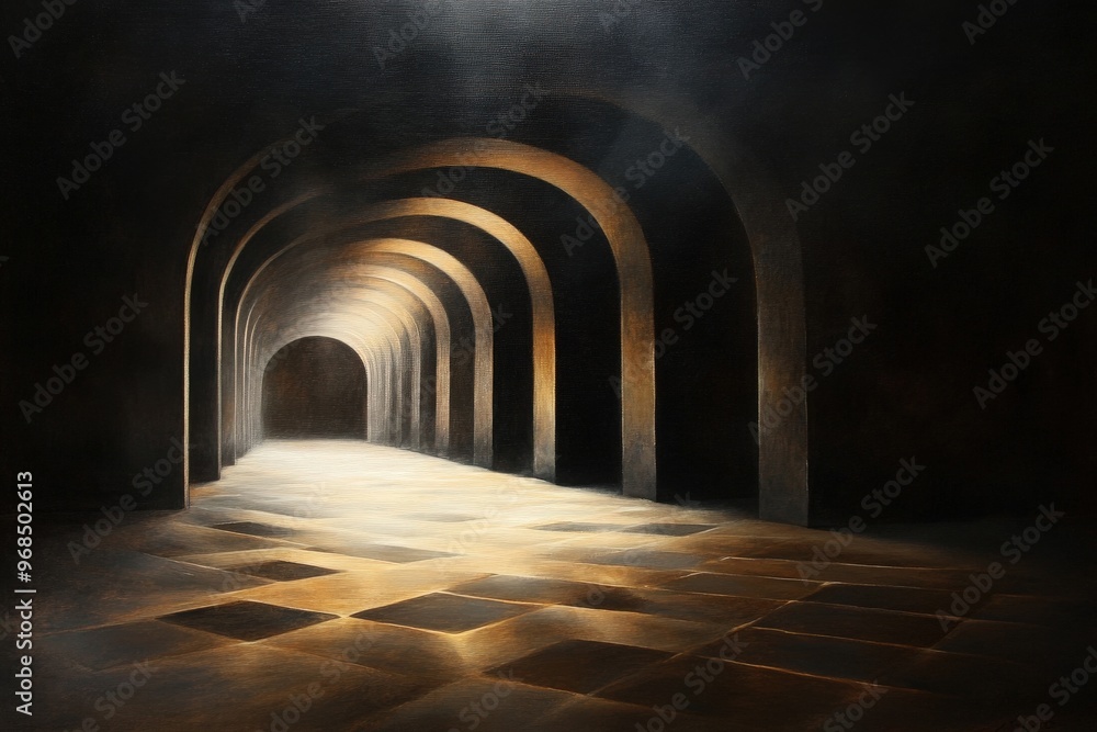 Poster a mysterious passageway with arches illuminated by warm light, creating an atmospheric and serene se