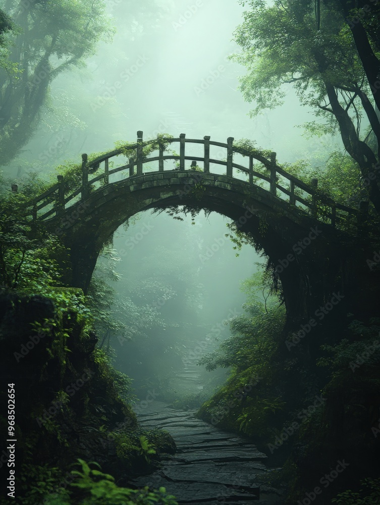 Poster a mystical green bridge surrounded by lush foliage and soft mist, creating a serene pathway into the
