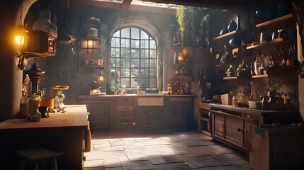 A Rustic Kitchen Interior with a Magical Vibe