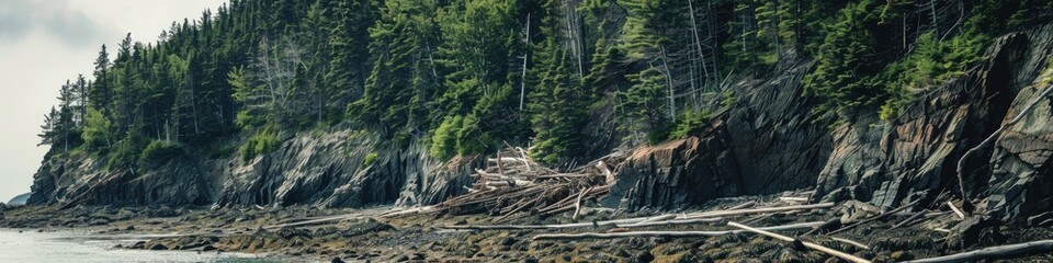 Fototapeta premium Rugged cliffside featuring prominent geological strata, adorned with thick green pine trees interspersed with fallen logs and branches at the bottom near a natural shoreline.