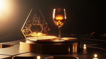 A polished, modern 3D podium with Passover symbols like matzah, a Seder plate, and a glowing cup of wine, evoking the spirit of the holiday
