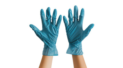 Hands wearing a blue latex glove on transparent background