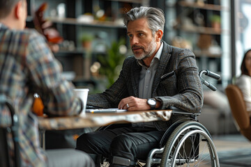 Obraz premium Collaborative meeting with man in wheelchair discussing ideas with colleagues