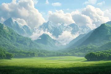 Obraz premium Mountain landscape with church on the hill. Morning in a mountain valley.