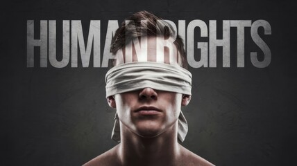 Dramatic image of young man blindfolded with Human Rights text, symbolizing repression