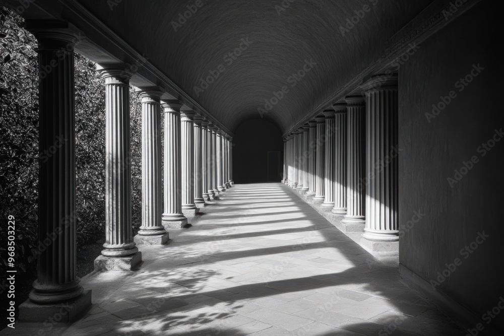 Poster a serene corridor with classical columns, shadows creating patterns of light and dark, perfect for a