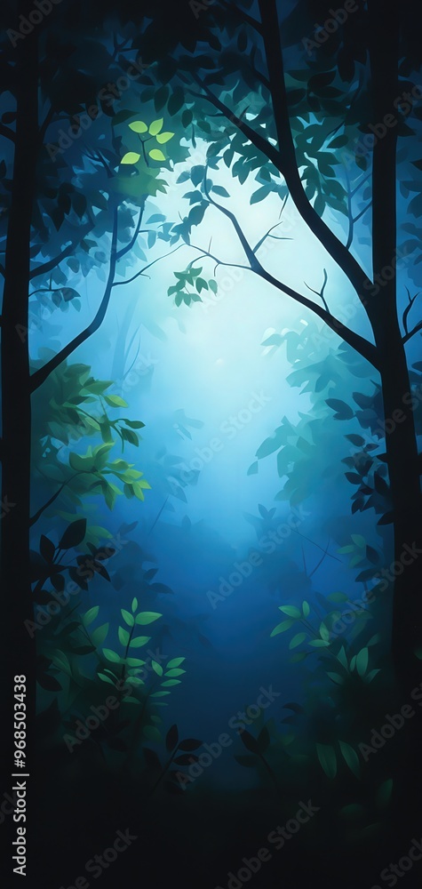 Poster a serene forest scene illuminated by soft blue light, creating an enchanting atmosphere of peace and