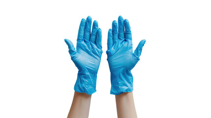 Fototapeta premium Hands wearing a blue latex glove on transparent background