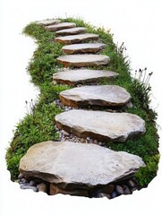 A serene garden pathway made of stone slabs, surrounded by lush greenery, inviting peaceful strolls in nature.