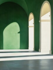 A serene interior showcasing elegant arches and soft shadows against a rich green backdrop, creating a peaceful ambiance.