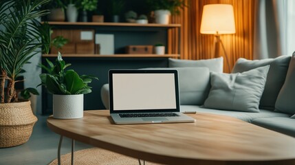 Fototapeta premium Cozy Home Office Laptop Mockup: A sleek laptop with a blank screen rests on a wooden coffee table in a modern living room setting, surrounded by lush greenery and warm lighting, creating a peaceful 