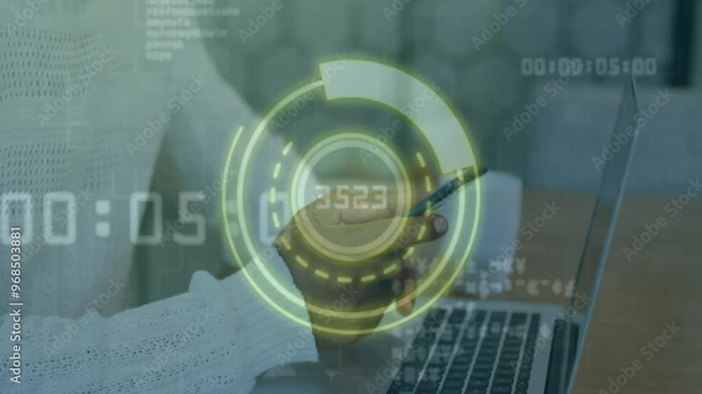 Poster animation of data processing and scope scanning over biracial businesswoman using smartphone