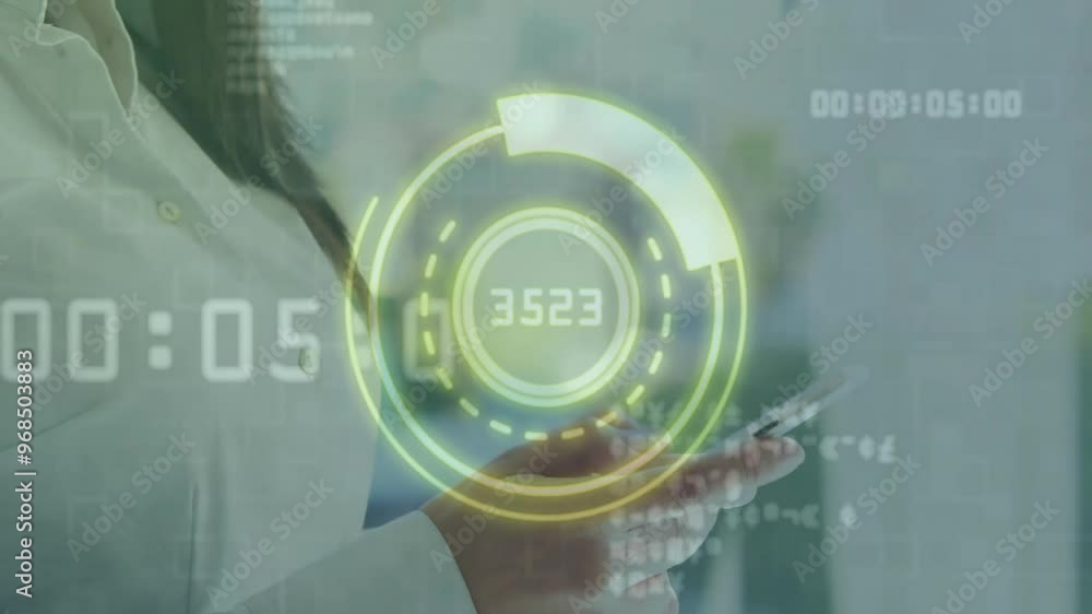 Poster animation of data processing and scope scanning over asian businesswoman using smartphone
