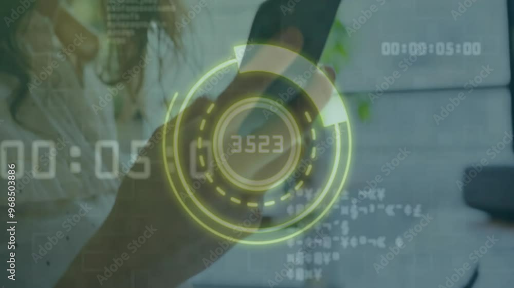 Poster animation of data processing and scope scanning over asian businesswoman using smartphone