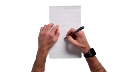 Hand signing paper document on transparent background