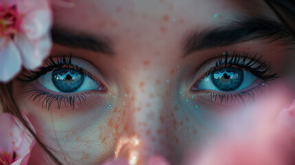 Naklejka premium Mesmerizing Blue Eyes with Floral Accents: Close-Up Portrait of a Woman Surrounded by Pink Blossoms, Emphasizing Captivating Gaze and Delicate Beauty. 