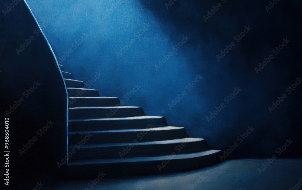 Poster a serene staircase illuminated by dim light, creating a mysterious and tranquil atmosphere in deep b
