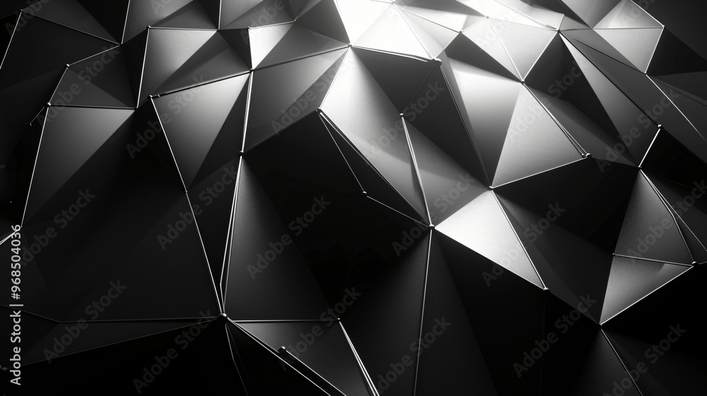 Poster a striking close-up of a geometric surface featuring black and silver triangular shapes, creating a 