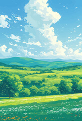 Vibrant Fieldscape with Rolling Hills and Cloudy Sky