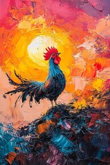 Fototapeta premium Vibrant Rooster in Abstract Sunrise Painting Full of Warm and Bold Colors