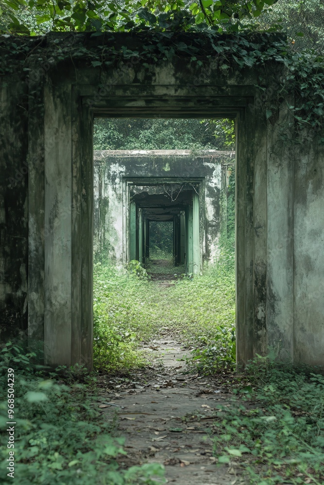 Poster a serene view of abandoned archways overgrown with lush greenery, creating a mysterious and tranquil