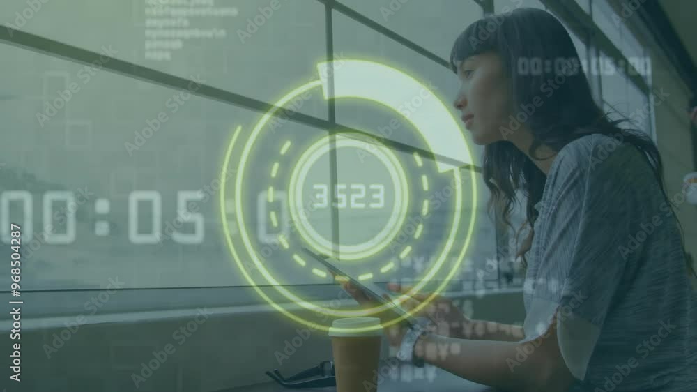 Poster animation of data processing and scope scanning over biracial businesswoman using smartphone