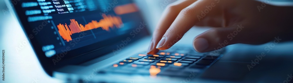 Poster a close-up of a hand interacting with a laptop keyboard, showcasing technology and data analysis in 
