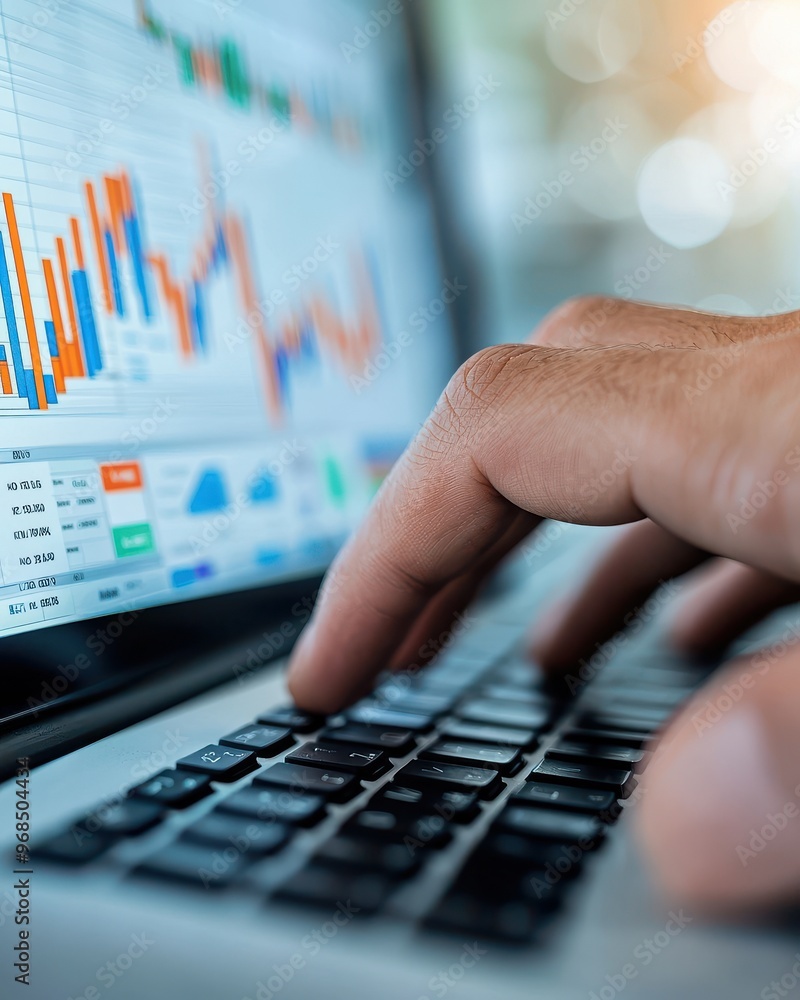 Poster a close-up of a hand typing on a laptop keyboard with a vibrant financial graph displayed on the scr