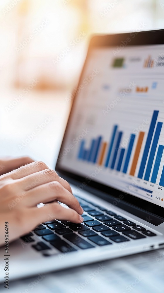 Poster a person analyzes data on a laptop, showcasing graphs and statistics for business insights and decis