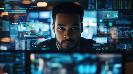 The power of digital technology with a focus on a software engineer utilizing a computer with lines of code, data analysis, and AI algorithms to improve business operations