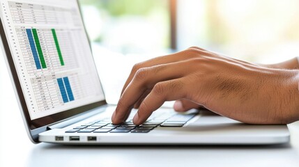 Close-up of a person's hands typing on a laptop, displaying a spreadsheet with colorful graphs and data analysis.