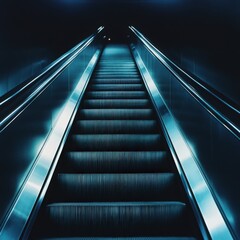 A sleek escalator illuminated with a futuristic blue light, leading upwards to an unknown destination.