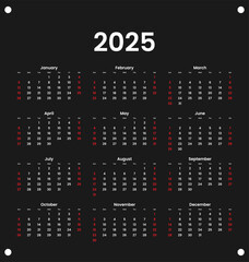 Calendar 2025 starts from Sunday. Minimalist, Clean, Simple and Modern Design. One page Calendar