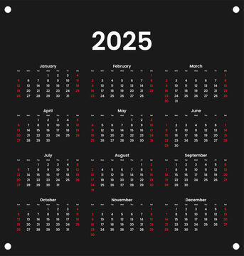 Calendar 2025 starts from Sunday. Minimalist, Clean, Simple and Modern Design. One page Calendar