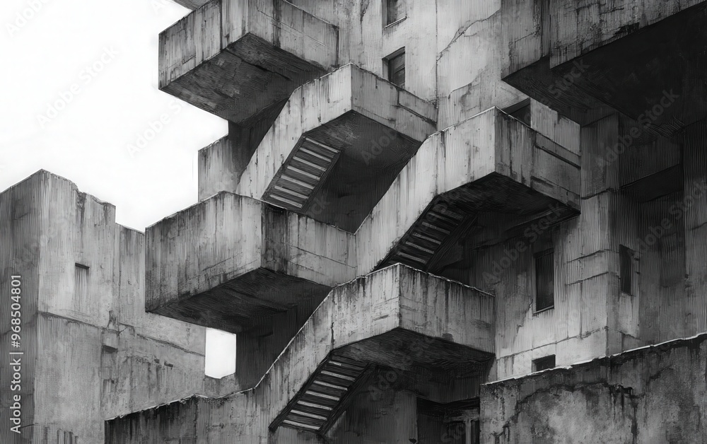 Poster a striking monochrome image of modern concrete architecture featuring a unique staircase design.