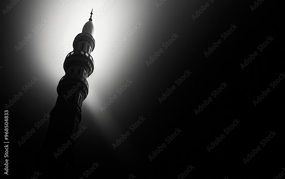 Poster a striking silhouette of a tower illuminated by soft light, creating a dramatic and mysterious atmos