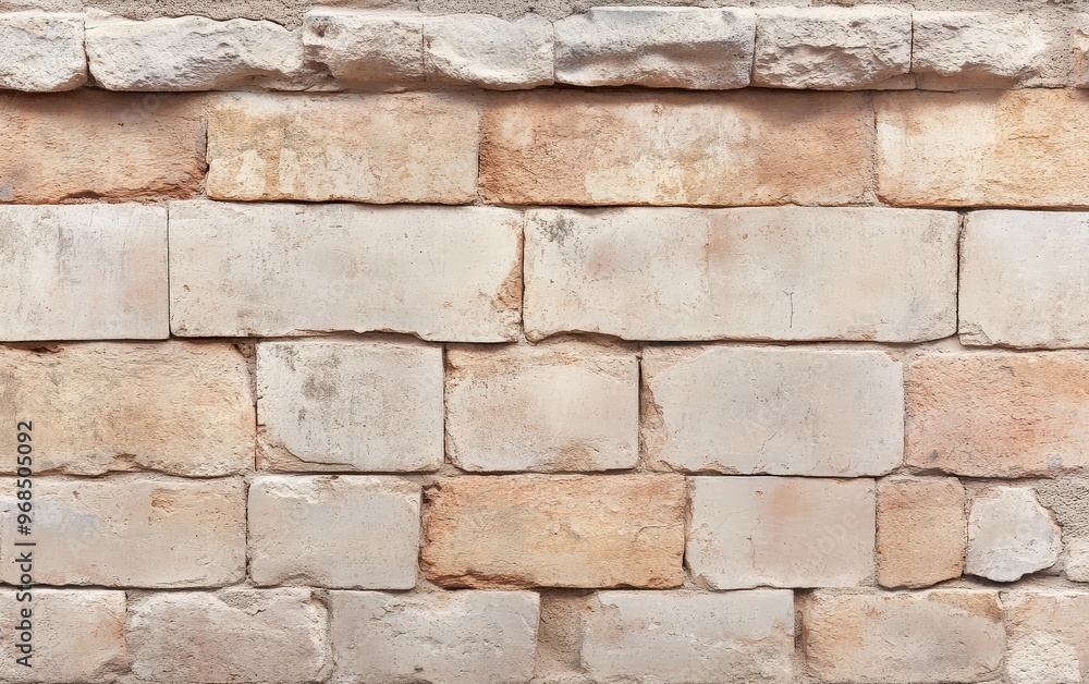 Aufkleber a textured close-up of a rustic stone wall composed of unevenly shaped blocks in soft beige tones.