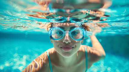 Naklejka premium Woman swimming underwater in swimming pool