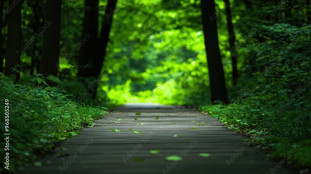Poster a tranquil pathway surrounded by lush greenery, inviting exploration and connection with nature in a