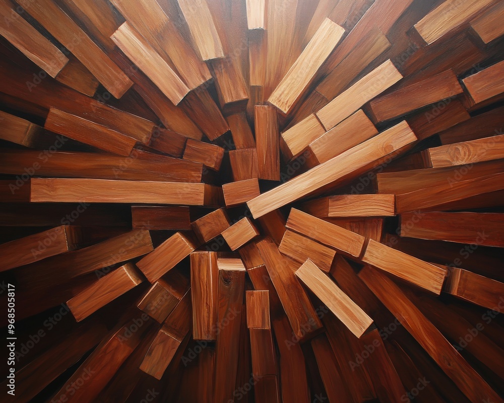 Poster abstract wood design showcasing a dynamic arrangement of wooden blocks in warm tones and striking pa