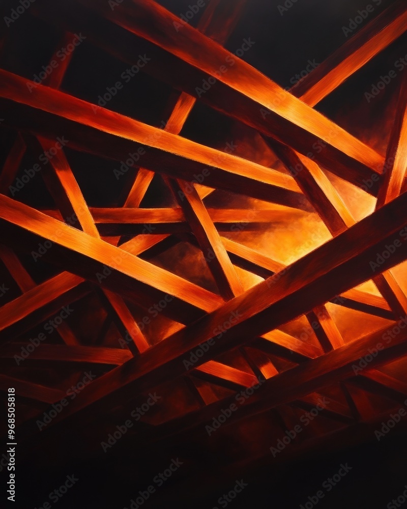 Poster abstract wooden beams intersecting with warm light, creating a dramatic and artistic perspective in 