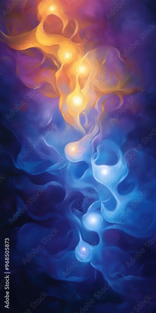 Poster an abstract blend of warm and cool colors, creating a mesmerizing flow of light and energy against a
