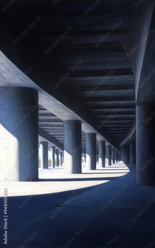Poster an abstract view of an architectural structure with concrete pillars and shadows, conveying depth an