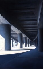An abstract view of an architectural structure with concrete pillars and shadows, conveying depth and modern design.