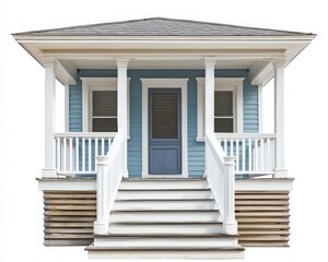 Fototapeta premium Charming blue house with a welcoming porch and white railings, perfect for capturing the essence of home and comfort.