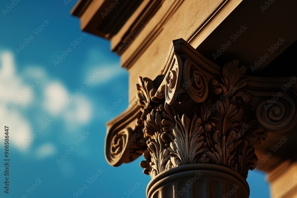 Poster close-up view of an ornate architectural column, showcasing intricate details and elegant design aga